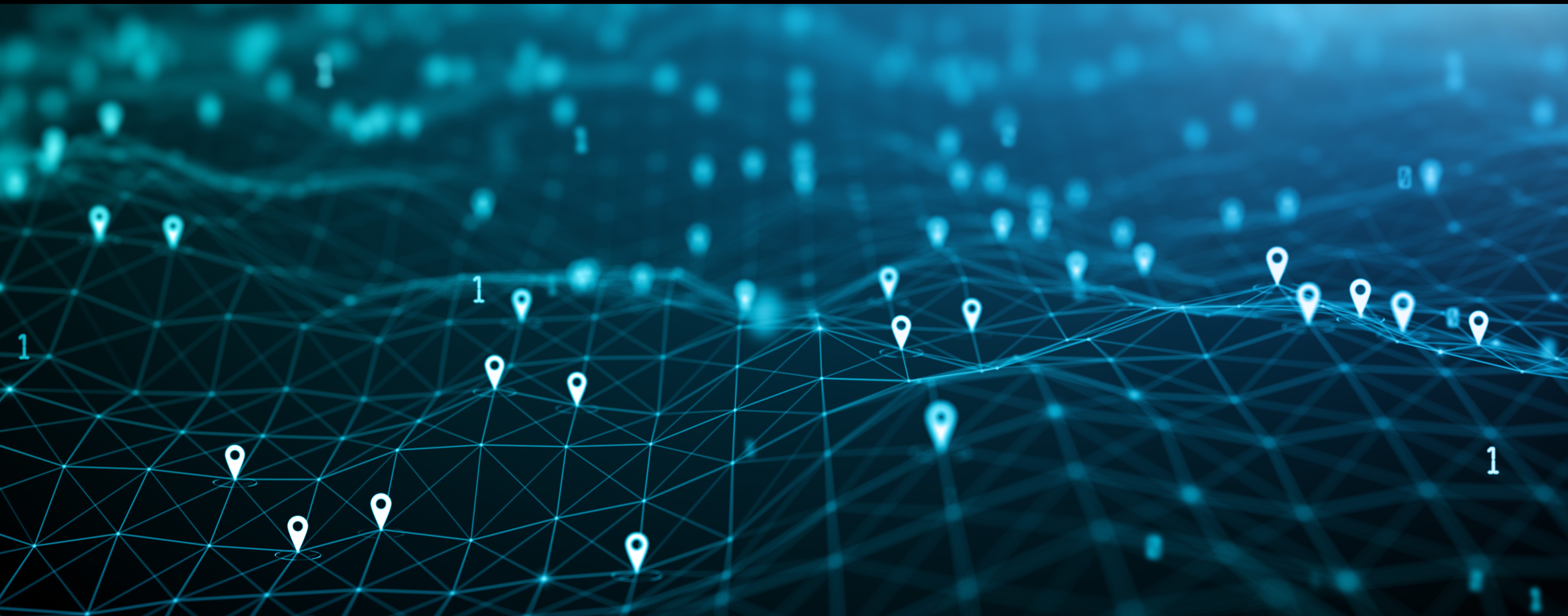 Undulating surface in blue with overlaid grid and location pins