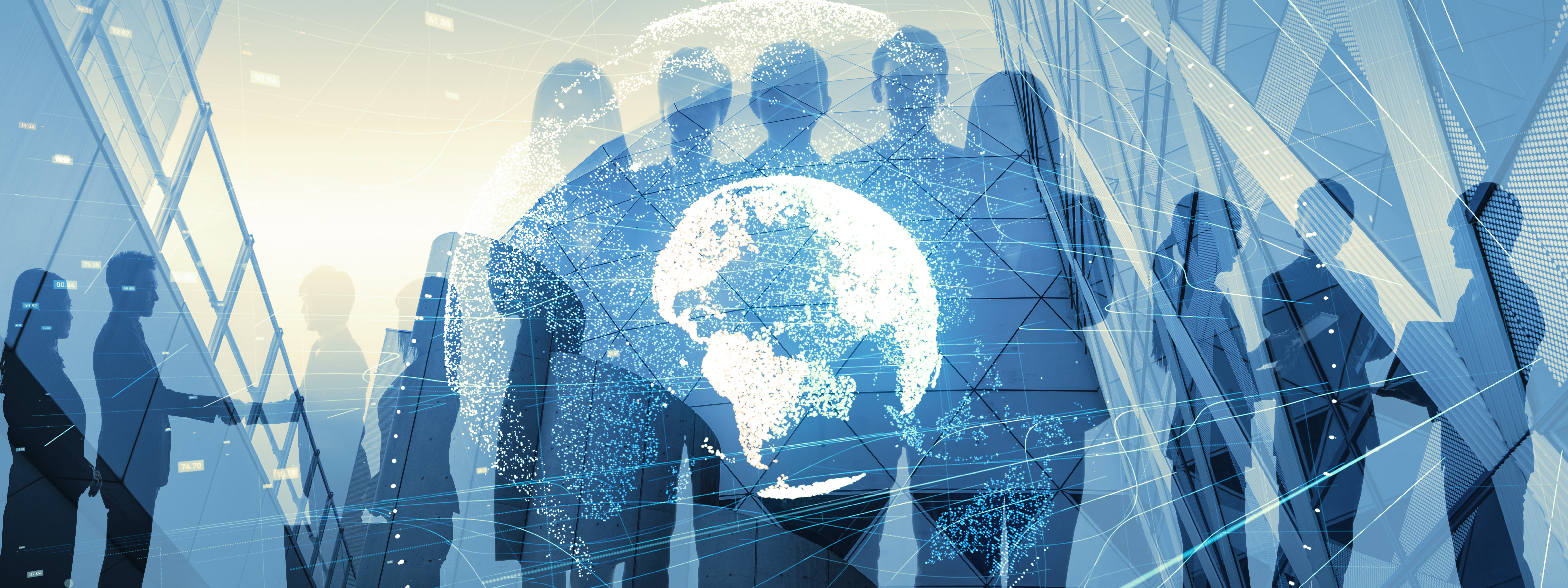 Global business concept showing silhouettes of people standing behind a globe overlaid with a mesh implying interconnectedness