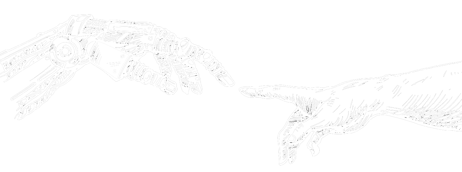 Vector drawing of robotic hand with extended index finger touching the extended finger of a human hand