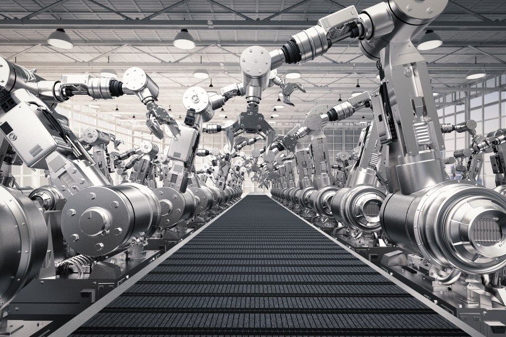 3d,Rendering,Robotic,Arms,With,Empty,Conveyor,Belt